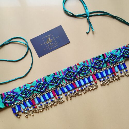 Handmade Pearl Beaded Stone Work Waist Belt BLUE