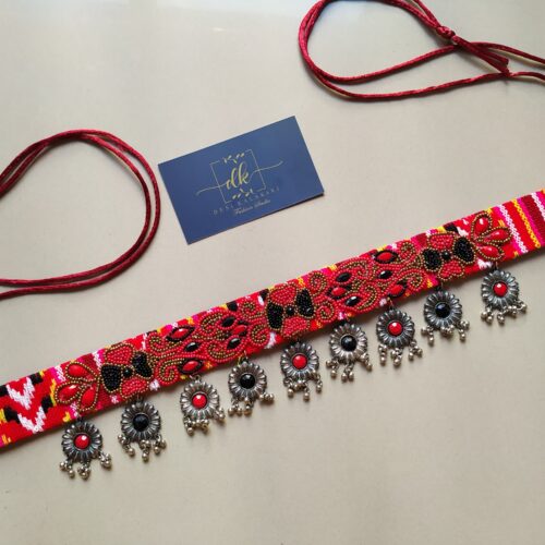 Handmade Pearl Beaded Stone Work Waist Belte RED