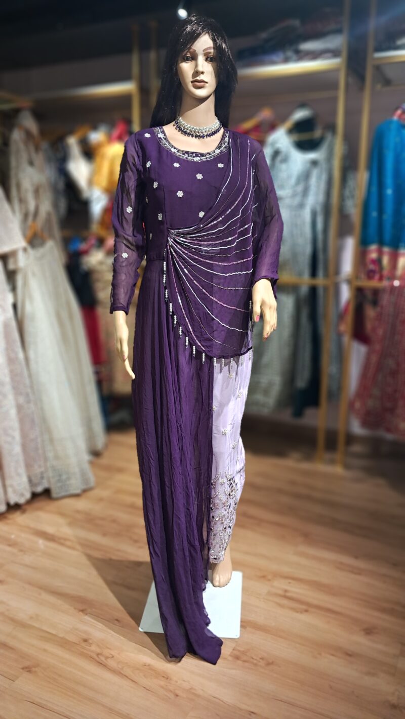 Purple Zari Sequin Embroidered Georgette Kurta Set - Image 4